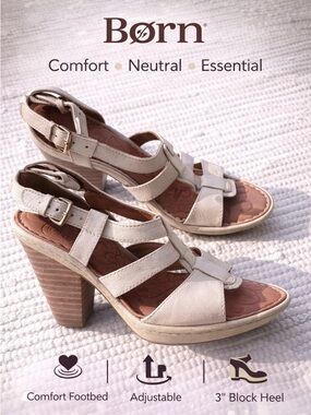 Born Pearl Cream Leather Strappy Heels Sz 7 Comfort Block Sandals